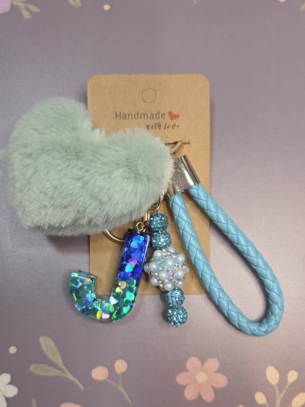 Handmade Blue Heart & Resin Initial "J" Keychain with Beaded Bling Charm